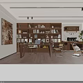 Modern Living and Dining Room Interior With Sofa Bookshelf And Floor to Ceiling Windows