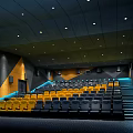 Modern Cinema Interior With Large Projection Screen Yellow Gray Seats Stepped Seating And Geometric Walls