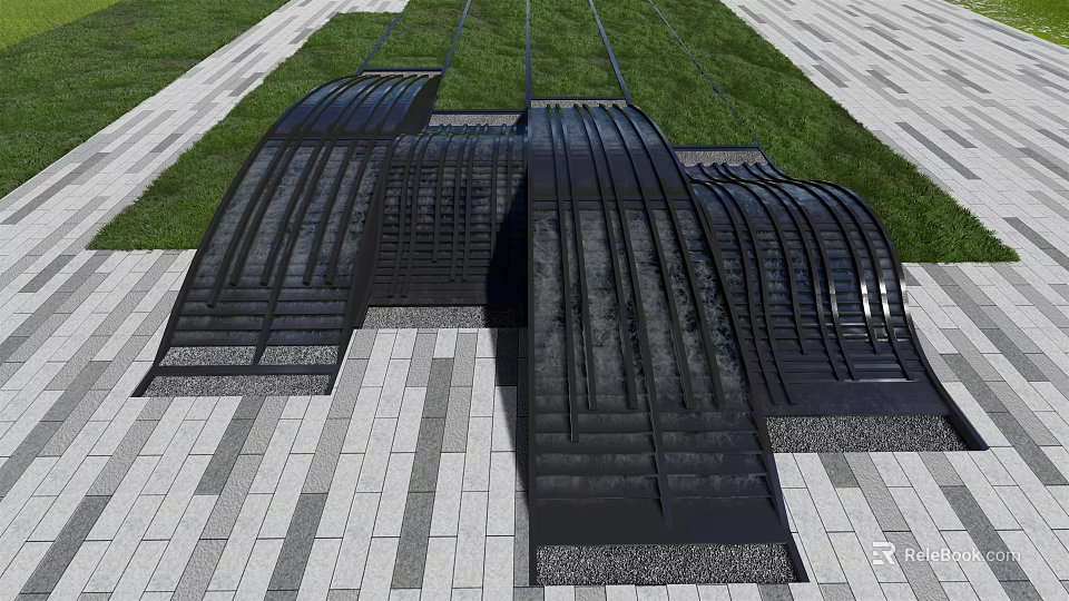 Modern Black Metal Garden Ornament With Wavy Design On Paved Ground And Lawn 3d model 