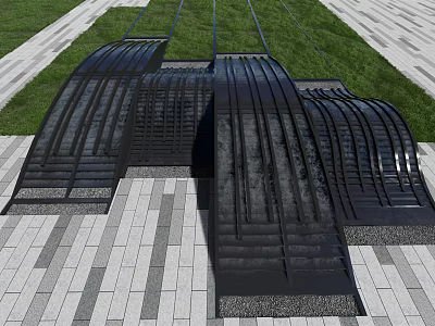 Modern Black Metal Garden Ornament With Wavy Design On Paved Ground And Lawn 3d model