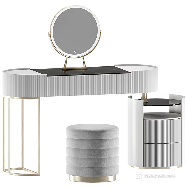 Elegant Dressing Table With Round Mirror Gold Frame Storage Drawers And Padded Stool 3d model 
