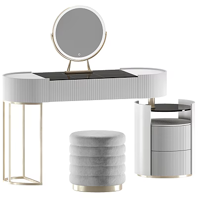 Elegant Dressing Table With Round Mirror Gold Frame Storage Drawers And Padded Stool 3d model