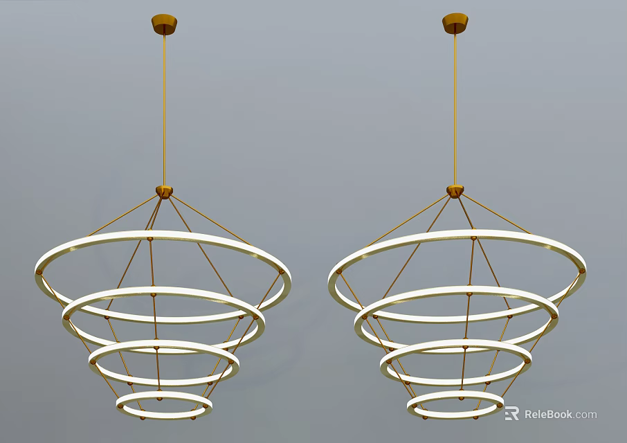 Two Modern Chandeliers With Circular Ring Structure Gold Frame And White Rings 3d model 