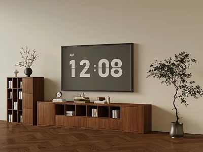 Warm Living Room Interior With Wall Mounted TV Wooden Stand Books Clock And Potted Plant 3d model