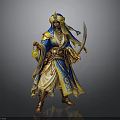 Traditional Blue And Gold Warrior Mage Figure With Headscarf Scimitar And Glowing Orb