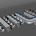 Modern Office Desks In U Shaped Arrangement With Blue Monitors And Multiple Chairs