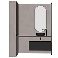 Modern Bathroom Interior With Gray Tiles Oval Mirror Black Sink And Cabinet