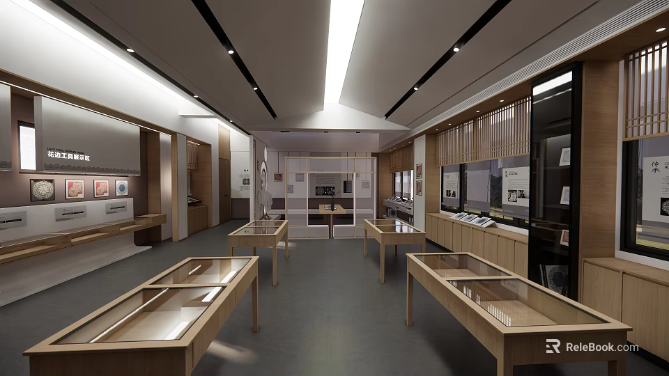Modern Cultural Center Interior Design With Wooden Display Cases Exhibits And Lighting 3d model 