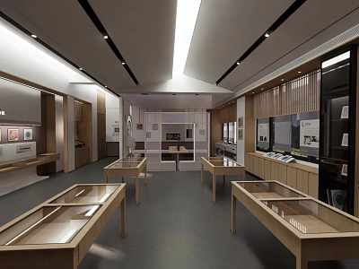 Modern Cultural Center Interior Design With Wooden Display Cases Exhibits And Lighting 3d model