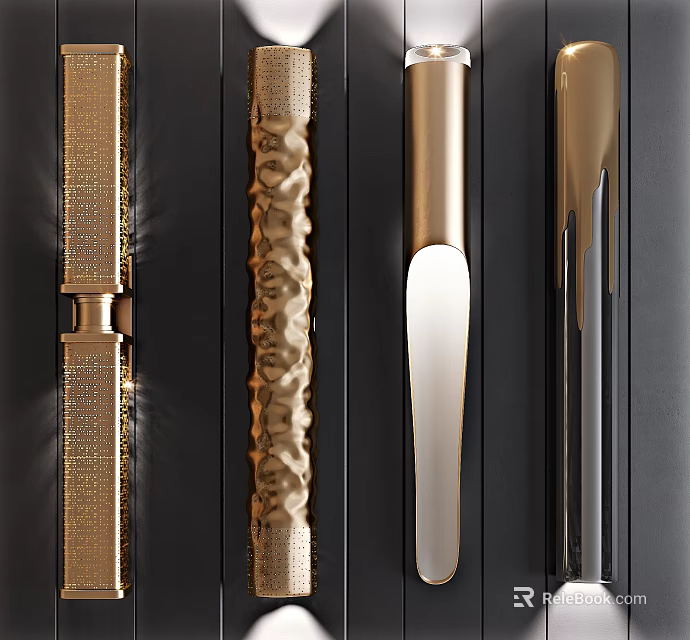 Modern Interior Decor Wall Lamps with Gold Metal Frames Textured Details and Glowing White Panels 3d model 