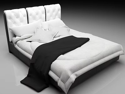 Stylish Modern Bed With Tufted White Headboard White Bedding And Black Blanket 3d model
