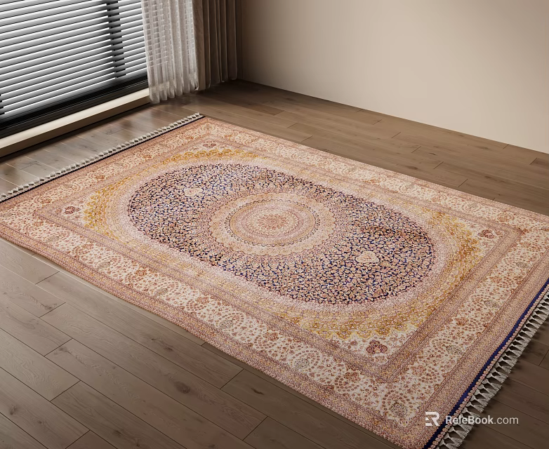 Square Rug With Intricate Patterns In Room With Wooden Floor 3d model 