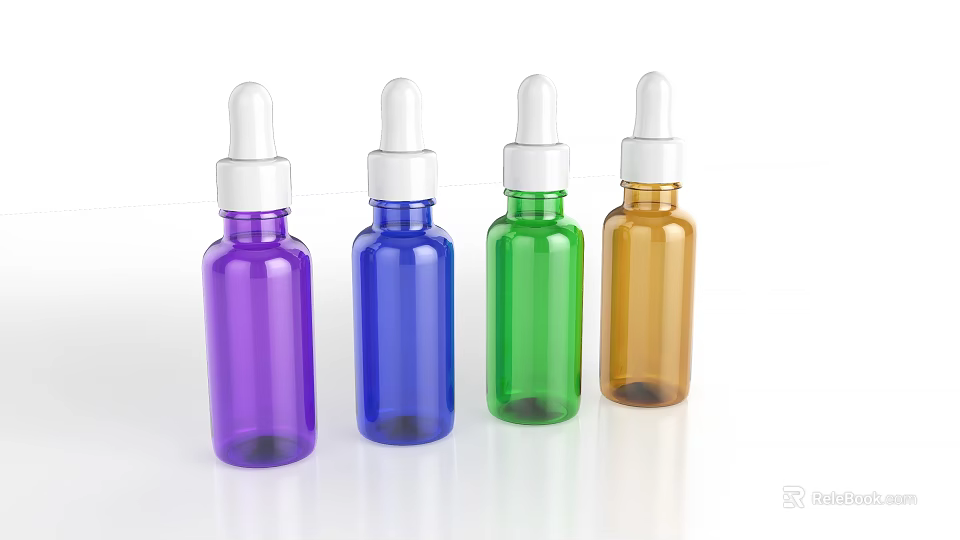 Empty Colorful Glass Dropper Bottles With White Caps In Assorted Purple Blue Green Yellow 3d model 