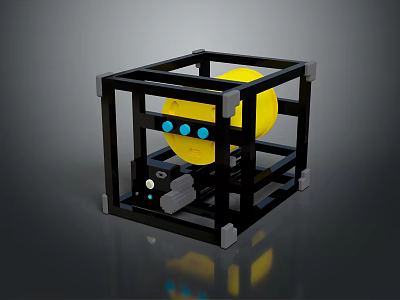 Black Frame Cube Structure With Yellow Circular Object Blue Dots And Mechanical Components 3d model
