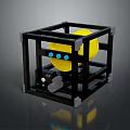 Black Frame Cube Structure With Yellow Circular Object Blue Dots And Mechanical Components
