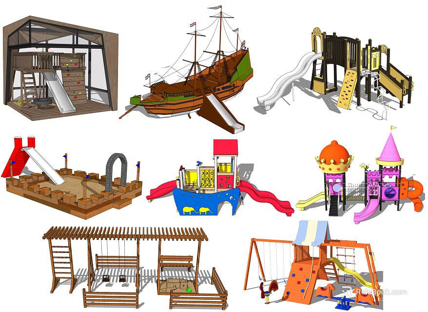 Playground Equipment Featuring Slides Pirate Ship Sandpit Swings Climbing Frames And Castle Structures 3d model 
