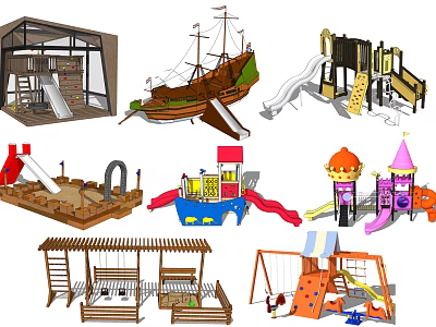 Playground Equipment Featuring Slides Pirate Ship Sandpit Swings Climbing Frames And Castle Structures 3d model