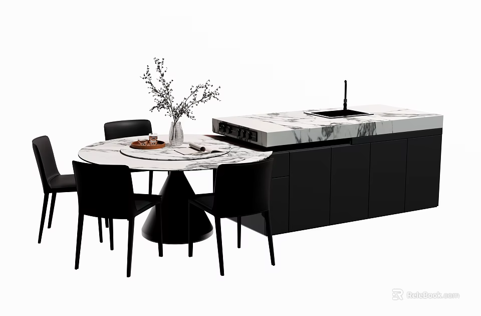 Elegant Modern Dining Table Set With Round Marble Top Black Chairs And Decorative Vase 3d model