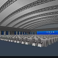 Modern Conference Stage With Blue Large Screen And Ceiling Lighting For Corporate Event