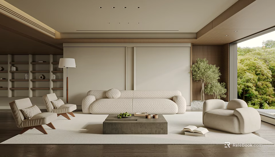 Neutral Toned Modern Living Room Featuring White Sofa Armchairs Concrete Coffee Table and Green Plant 3d model 
