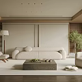 Neutral Toned Modern Living Room Featuring White Sofa Armchairs Concrete Coffee Table and Green Plant