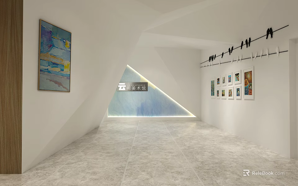 Yunding Art Gallery Interior With White Walls Geometric Shapes And Hanging Artworks 3d model 