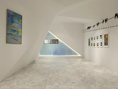 Yunding Art Gallery Interior With White Walls Geometric Shapes And Hanging Artworks 3d model