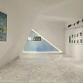 Yunding Art Gallery Interior With White Walls Geometric Shapes And Hanging Artworks