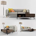 Modern Light Gray Sofa With Yellow Orange Pillows And Walnut Coffee Table Set 3d model