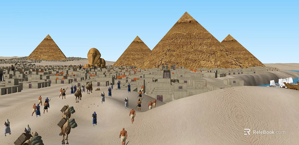 Cartoon Scene of Ancient Egyptian Desert with Pyramids Sphinx Camels and People 3d model 