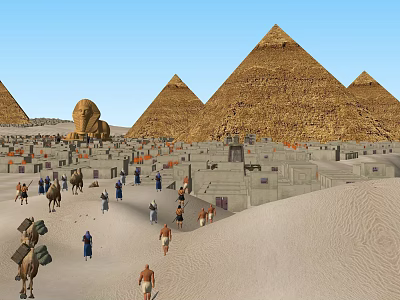 Cartoon Scene of Ancient Egyptian Desert with Pyramids Sphinx Camels and People 3d model