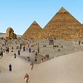 Cartoon Scene of Ancient Egyptian Desert with Pyramids Sphinx Camels and People