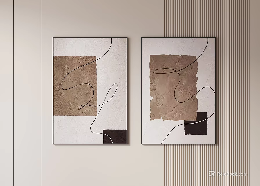 Two Abstract Paintings with Brown White Black Curved Lines on Modern Interior Wall 3d model 