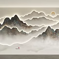 Chinese Style Sofa Background Wall With Misty Mountain Landscape Moon And Small Boat