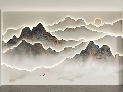 Chinese Style Sofa Background Wall With Misty Mountain Landscape Moon And Small Boat 3d model