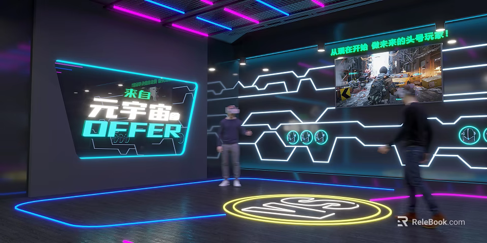 Metaverse Experience Space With VR Headset User And Neon Digital Lights 3d model 