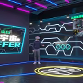 Metaverse Experience Space With VR Headset User And Neon Digital Lights