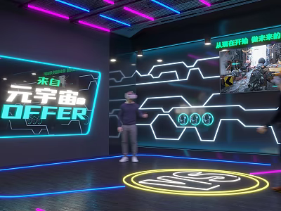 Metaverse Experience Space With VR Headset User And Neon Digital Lights 3d model