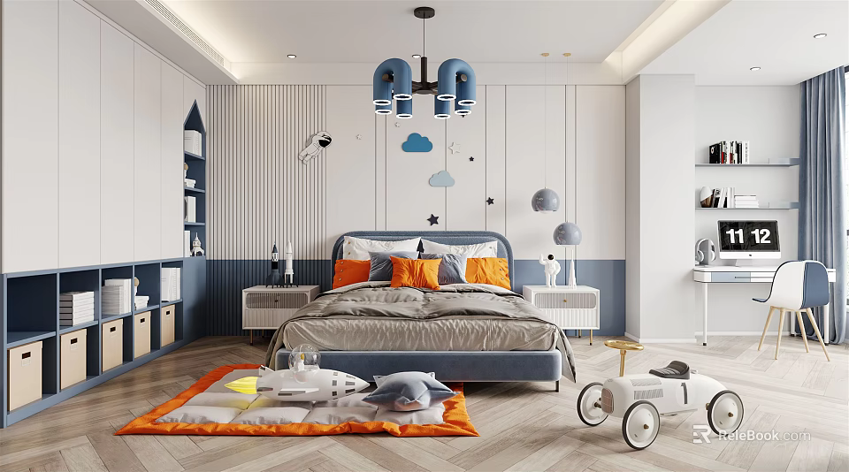 Modern Kids Room Interior With Blue Pendant Lights Star Headboard Orange Gray Bedding And Toys 3d model 