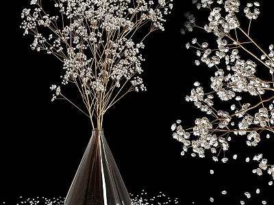 Transparent Cone Shaped Vase with White Flowers and Scattered Small Blooms on Black Background 3d model