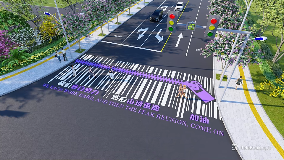 Road Infrastructure With Zebra Crossing Traffic Lights Pedestrians Vehicles And Sidewalk Trees 3d model 