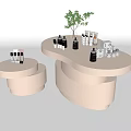 Large Irregular Shaped And Small Round White Display Shelves With Bottles Jars And Green Plant