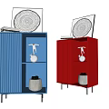 Entryway Side Cabinets Blue Red Ribbed Design With Decorative Paintings Bird Figurine And Potted Plant