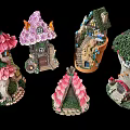 Colorful Decorative Fairy House Figurines With Mushroom Roofs And Flower Accents