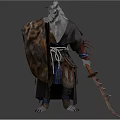 Game Movie Character with White Hair Robed Outfit and Long Sword