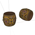 Yellow Patterned Drum Shaped Stools With Leather Seats And Metal Decorations 3d model