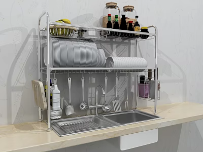 Modern Kitchen Cabinet With Multi Tier Stainless Steel Rack Dishes Utensils And Sink 3d model