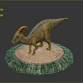 Colorful Dinosaur Model With Orange Horn And Blue Stripes On Circular Green Rimmed Sandy Base