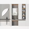 Modern Gray And White Bookcase With Open Shelves Decorative Items Mirror And Painting