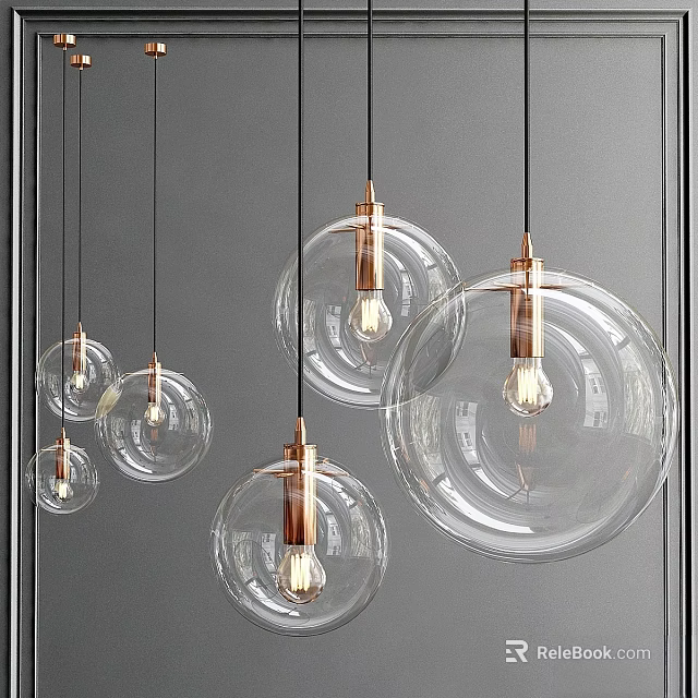 Multiple Modern Transparent Glass Pendant Lights With Copper Metal And Exposed Bulbs 3d model 